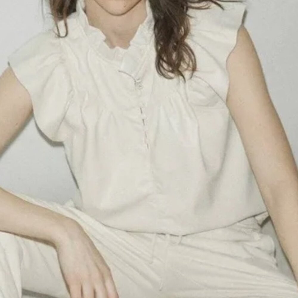 MELISSA NEPTON Safir Faux Leather Top With A Ruffle Sleeve Cream NWOT Large